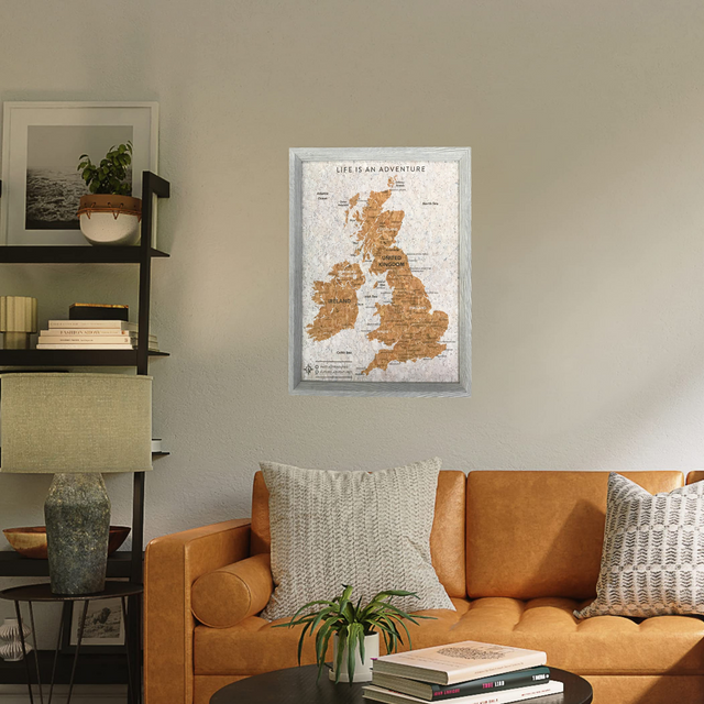 Grey UK and Ireland travel map push pin board wall decor