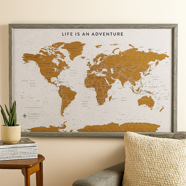 Framed grey world travel map cork board wall decor