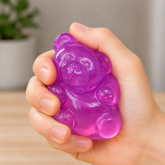 Solid colour gummy bear squishy fidget toy being squeezed in hand for stress relief, anxiety reduction and sensory play