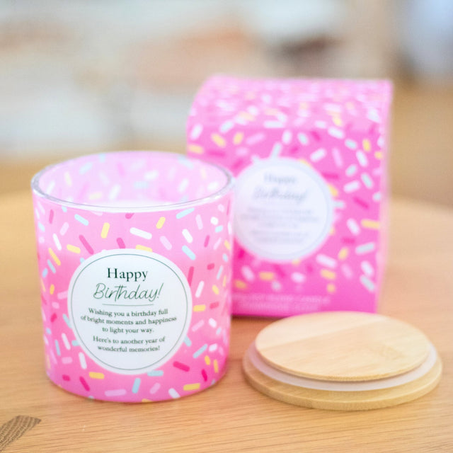 Splosh Happy Birthday scented candle with heartfelt birthday message