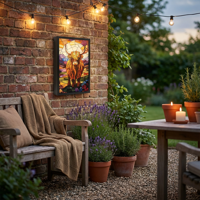 Golden Highland cow solar wall art outdoor light