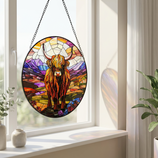 Highland cow golden stained glass style suncatcher