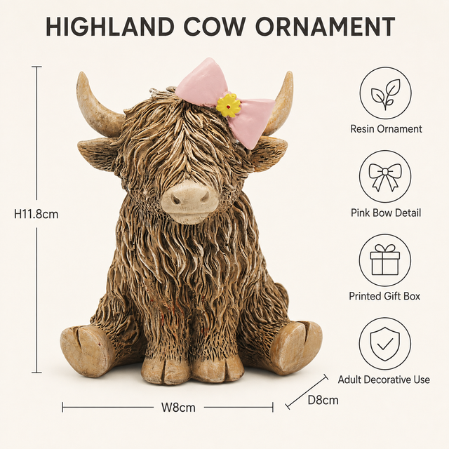 Highland cow resin ornament with pink bow dimensions H11.8 x W8 x D8cm