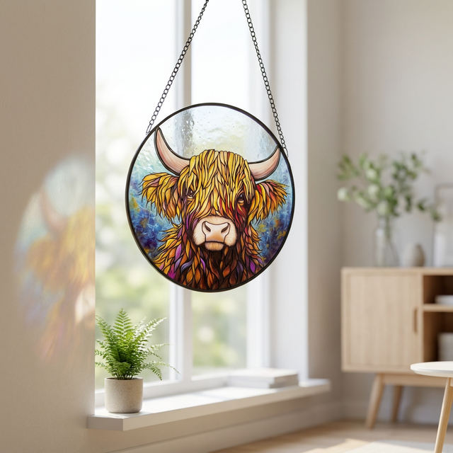 Highland cow stained glass style suncatcher