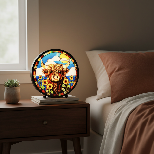Sunflower Highland cow LED round lamp bedside light