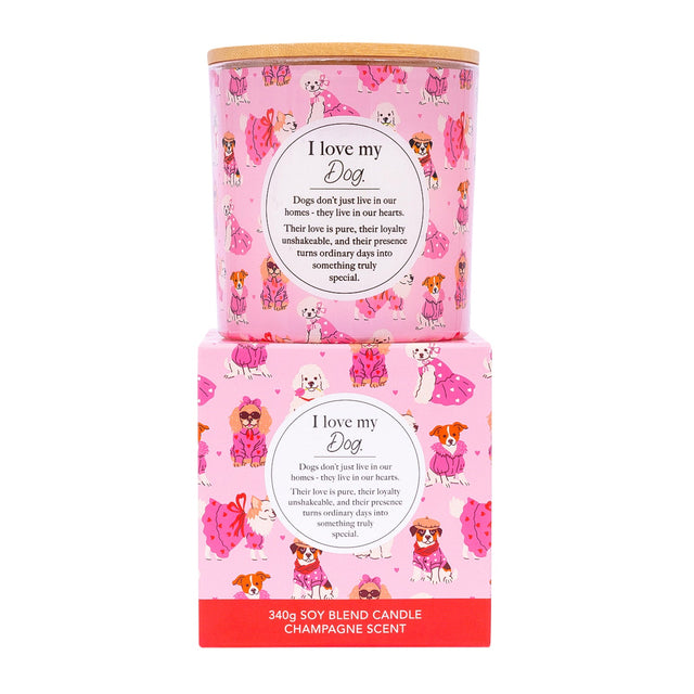 Splosh I Love My Dog candle with champagne-inspired fragrance and dog-print glass