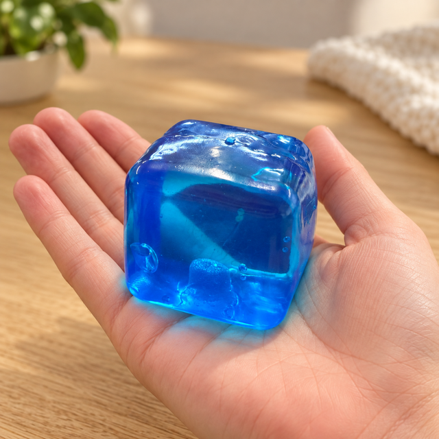 Blue ice cube sensory squishy toy 5cm shown in an adult hand for scale
