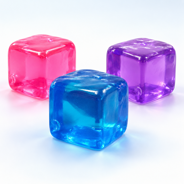 Ice cube sensory squishy toys in assorted blue pink and purple colours
