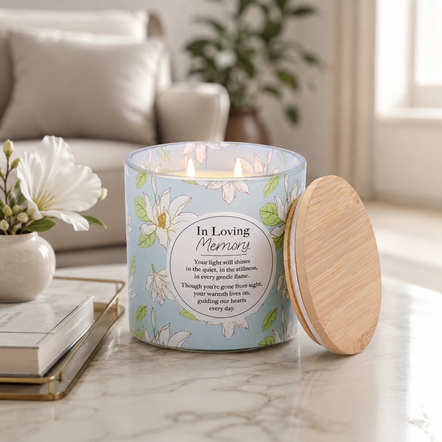 In Loving Memory remembrance candle with heartfelt memorial message