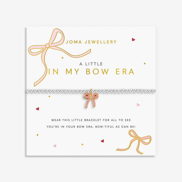Joma Jewellery A Little Vibes In My Bow Era silver-plated bracelet presented on a colourful illustrated sentiment card