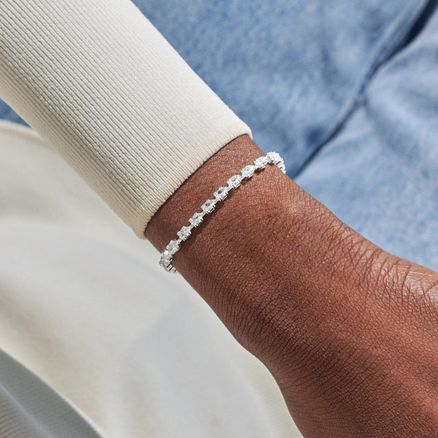 Joma Jewellery silver tennis bracelet worn on wrist for everyday styling