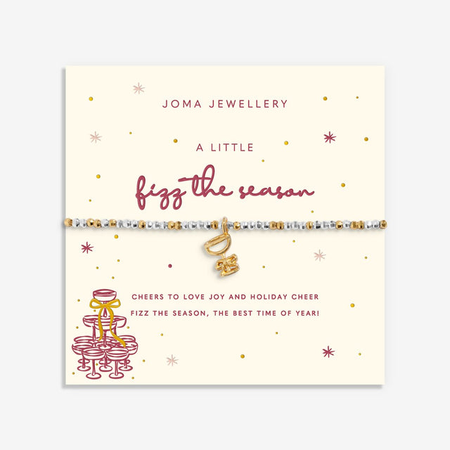 Joma Jewellery Fizz The Season silver and gold-plated bracelet on its illustrated festive sentiment card