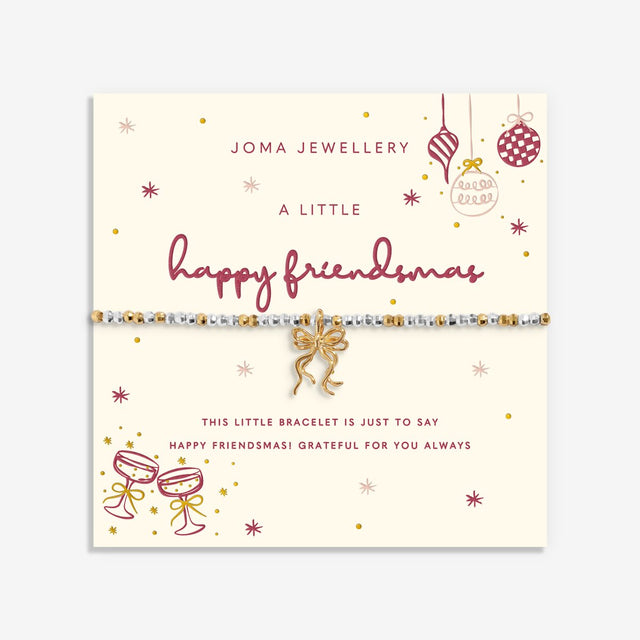 Joma Jewellery Happy Friendmas silver and gold-plated bracelet on its illustrated festive sentiment card