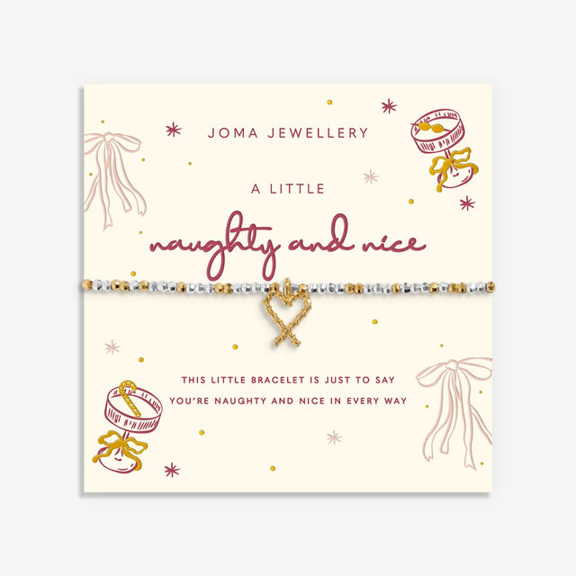 Joma Jewellery Naughty And Nice silver and gold-plated bracelet on its illustrated festive sentiment card