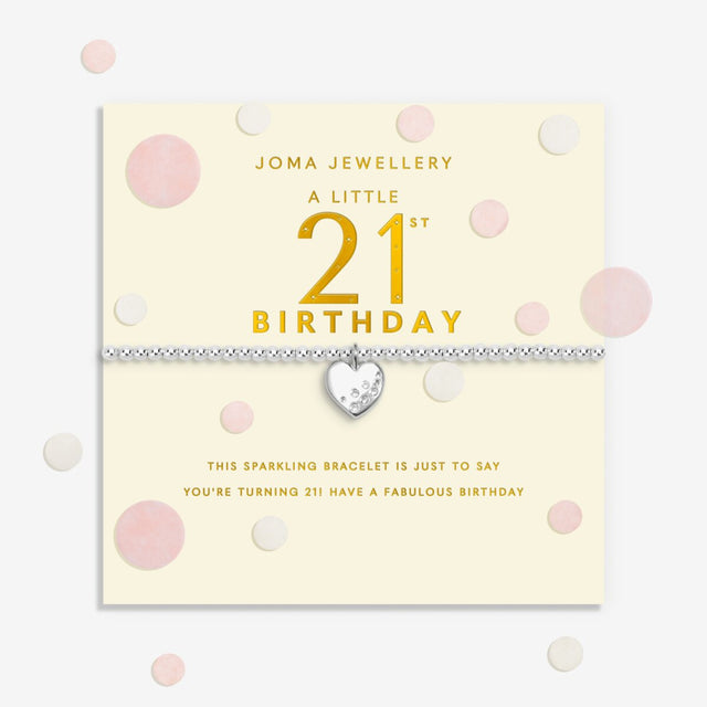 Joma Jewellery Confetti A Little 21st Birthday silver-plated bracelet presented on a sentiment-stamped birthday card