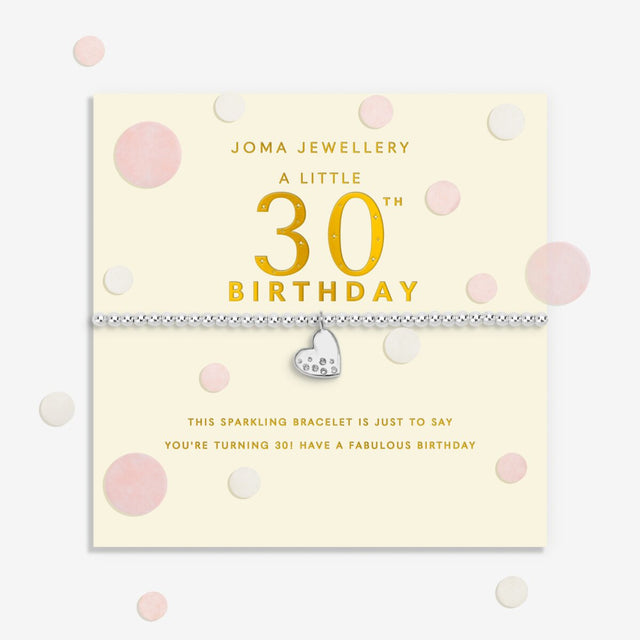 Joma Jewellery Confetti A Little 30th Birthday silver-plated bracelet presented on a sentiment-stamped birthday card