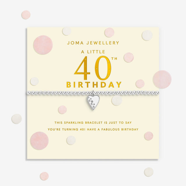Joma Jewellery Confetti A Little 40th Birthday silver-plated bracelet presented on a sentiment-stamped birthday card