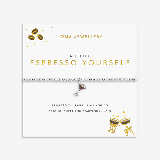 Joma Jewellery Espresso Yourself bracelet presented on colourful illustrated A Little Vibes sentiment card