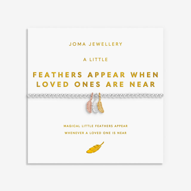 Joma Jewellery A Little Feathers Appear When Loved Ones Are Near bracelet with mixed metal feather charms on gold foil card