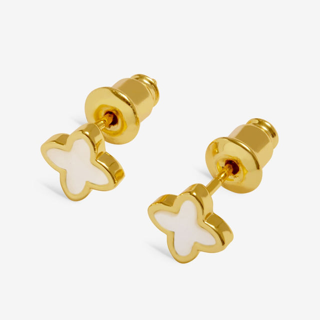 Gold clover stud earrings with mother of pearl centre detail