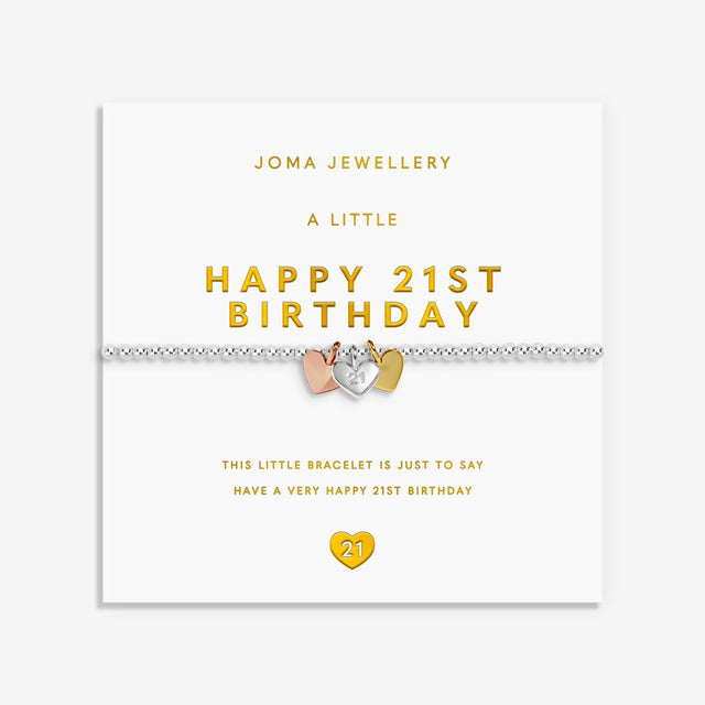 Joma Jewellery Happy 21st Birthday bracelet presented on a 3D gold foil sentiment card