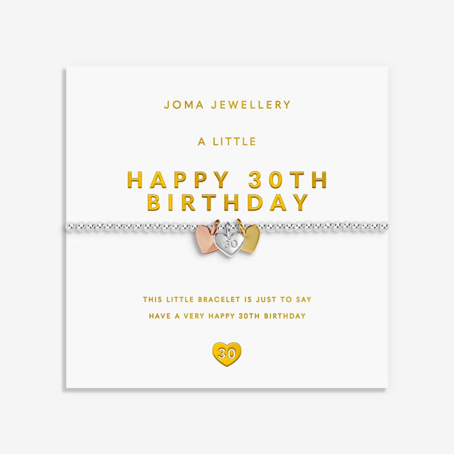 Joma Jewellery Happy 30th Birthday bracelet presented on a 3D gold foil sentiment card