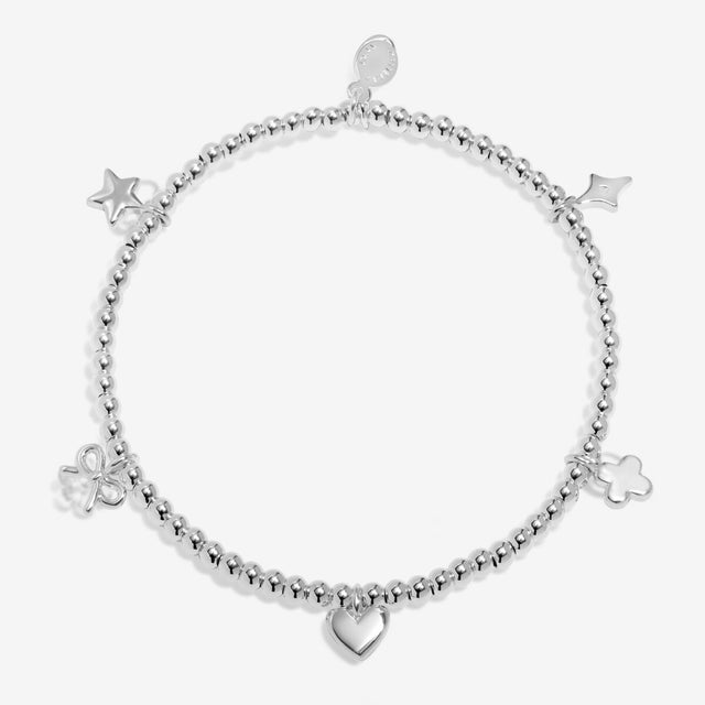 Full view of Joma Jewellery Happy Birthday silver charm stretch bracelet