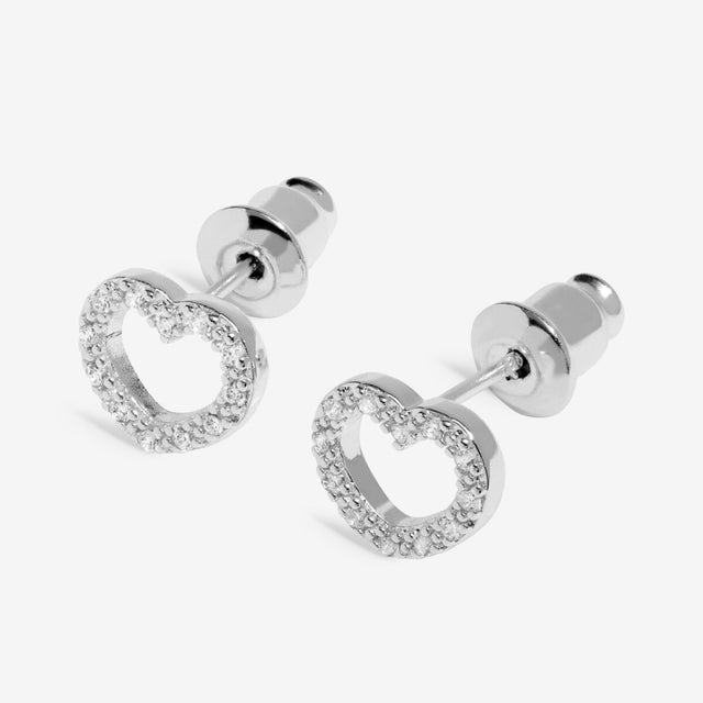Open heart silver stud earrings detail