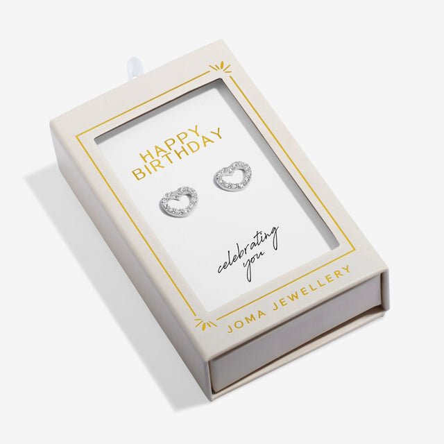 Joma Jewellery Happy Birthday silver heart earrings in gift box