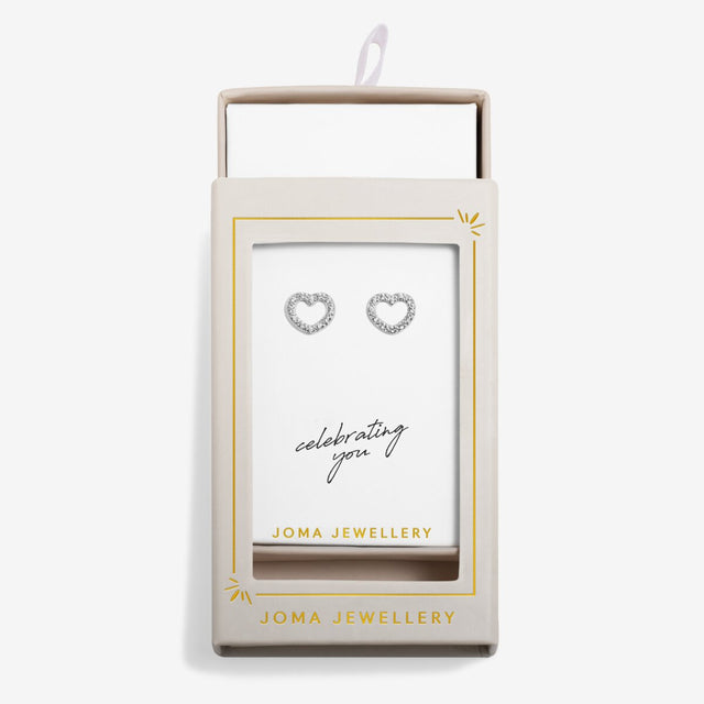 Happy Birthday silver heart earrings in matchbox gift packaging
