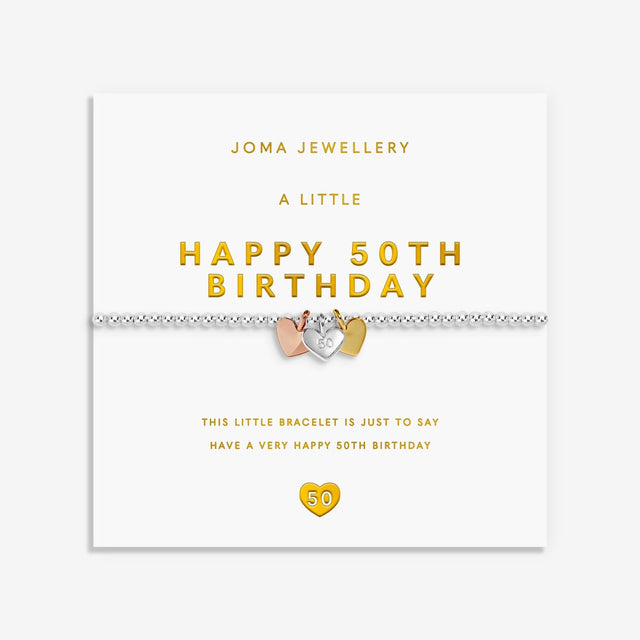 Joma Jewellery 50th birthday bracelet for her featuring three mixed-metal heart charms