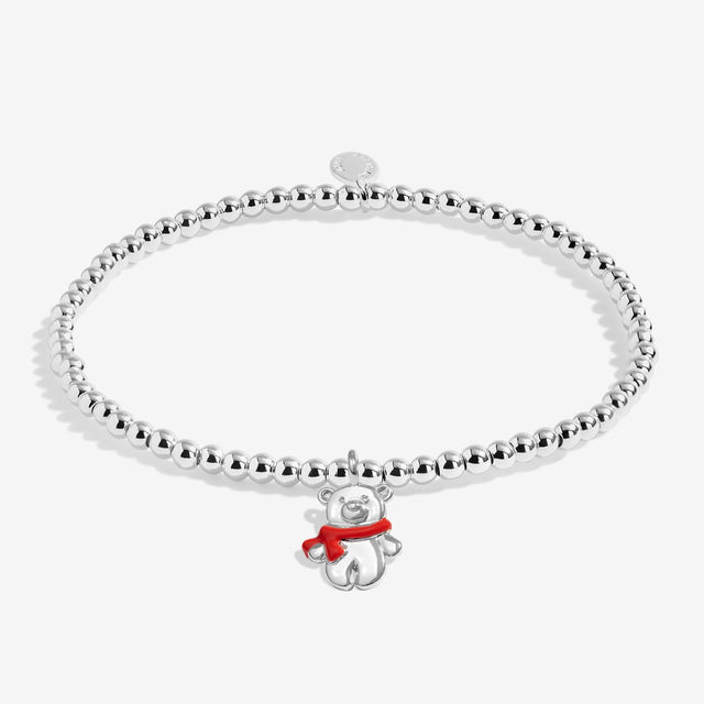 Joma Jewellery Christmas Cuddles kids' silver-plated beaded bracelet with teddy bear charm with a red scarf