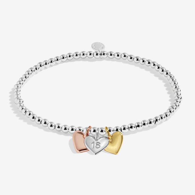 Joma Jewellery Happy 16th Birthday bracelet with silver, gold and rose gold heart charms