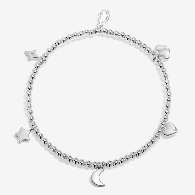 Joma Jewellery Love You To The Moon And Back silver charm bracelet presented in gift box