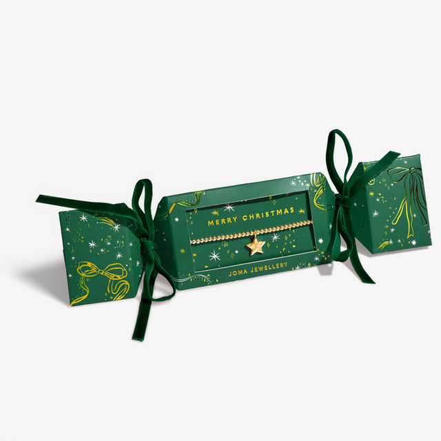 Joma Jewellery Merry Christmas gold-plated bracelet in festive Christmas cracker packaging