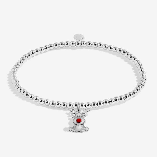 Joma Jewellery Rudolph The Red Nosed Reindeer kids' silver-plated beaded bracelet with reindeer charm with a bright red nose
