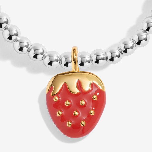 Colourful strawberry charm detail on Joma Jewellery A Little Vibes So Berry Loved bracelet