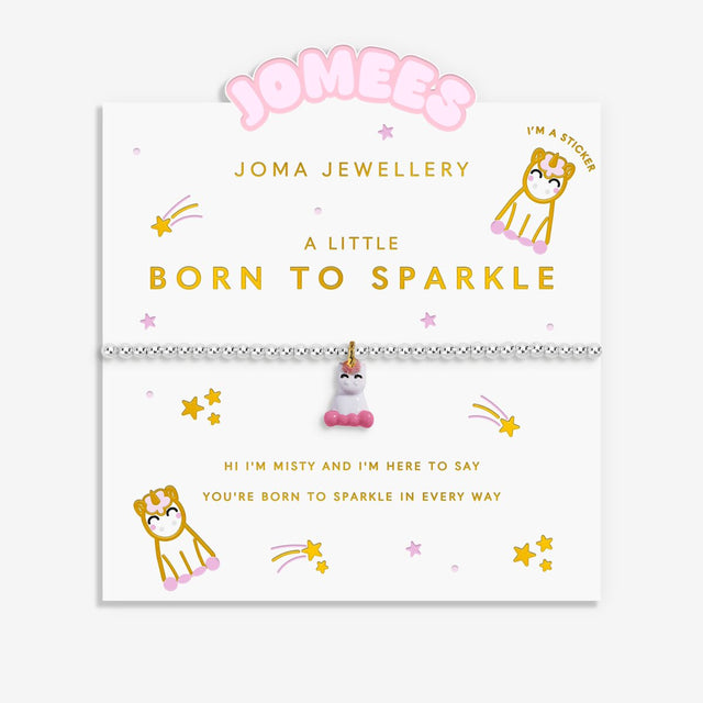 Joma Jewellery Born To Sparkle unicorn bracelet presented on illustrated Jomees character card