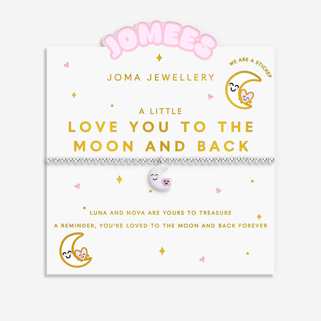 Joma Jewellery Love You To The Moon And Back bracelet presented on illustrated Jomees card