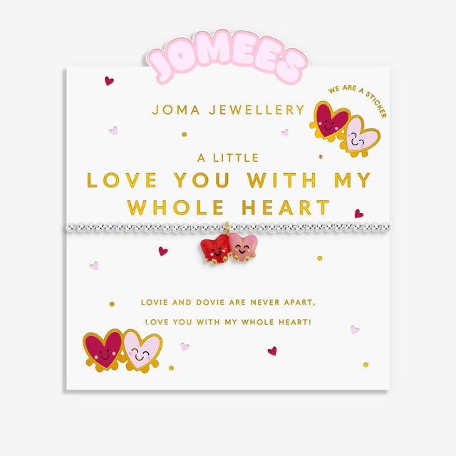 Joma Jewellery Love You With My Whole Heart bracelet on illustrated Jomees character card