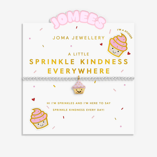 Joma Jewellery Sprinkle Kindness Everywhere kids bracelet presented on illustrated Sprinkles character card