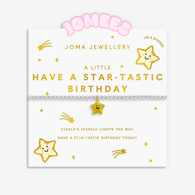 Joma Jewellery Star-Tastic Birthday bracelet presented on colourful illustrated Jomees character card
