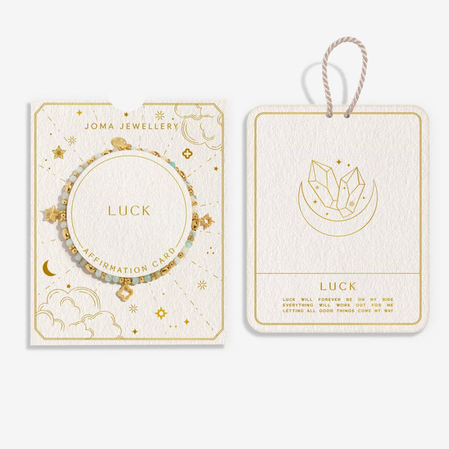 Joma Jewellery Luck affirmation card bracelet with gift packaging and affirmation card