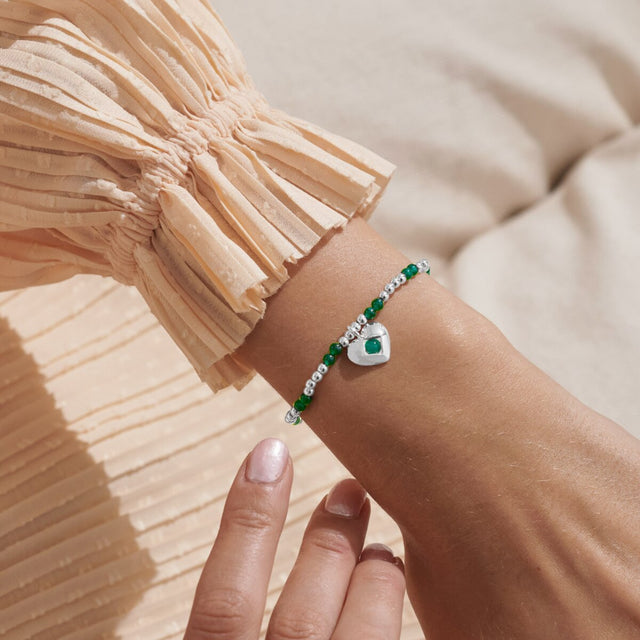 Joma Jewellery May green agate birthstone bracelet worn on wrist