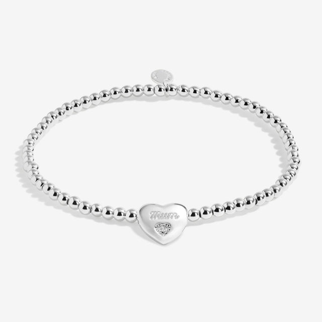 Silver plated beaded bracelet with Mum engraved heart charm and crystal detail