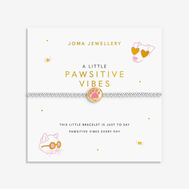 Joma Jewellery Pawsitive Vibes paw print bracelet displayed on signature sentiment card