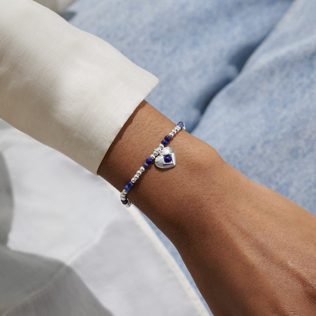 Joma Jewellery September lapis lazuli birthstone bracelet worn on wrist