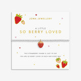 Joma Jewellery So Berry Loved strawberry bracelet presented on colourful illustrated sentiment card