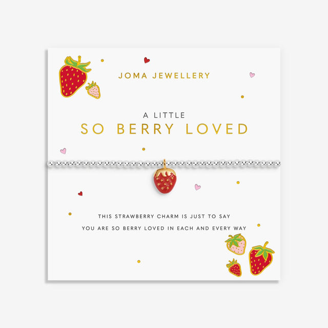 Joma Jewellery So Berry Loved strawberry bracelet presented on colourful illustrated sentiment card