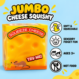 Jumbo Cheese squishy toy features including soft squeezable design and age 3 plus